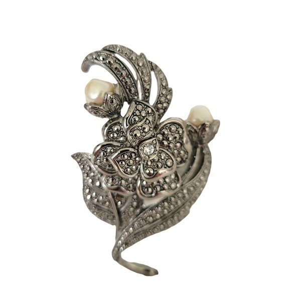 KJL Kenneth J Lane for Avon Marcasite Floral Brooch Pin With Faux Pearls Vtg - Picture 3 of 7
